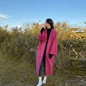 Korejský Módní Volné Vlny Kabát Podzim Zima Ženy Ležérní S Kapucí Plná Barva Vlny Směs Kabát Design Ženské Trend Kabát