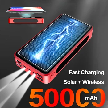 50000mAh Solární Bezdrátový Power Bank s Vysokou Kapacitou Nabíječka s Baterkou 2USB Externí Baterie Venkovní Cestování pro Xiaomi iPhone