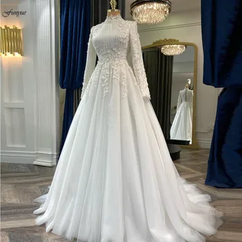 Funyue Elegantní Muslimské Svatební Šaty pro Nevěstu 2023 Nášivky Květiny arabské Dubaji Dlouhý Rukáv Svatební Šaty Tyl Robe De Mariage