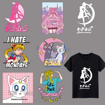 Kreslený Anime Dívka Tisku Nálepka Roztomilý Půlměsíc Kočka DIY Holka, tričko, Plátěnou Tašku pro Přenos Tepla Vinyl Tavitelné Žena Bojovník Odznak