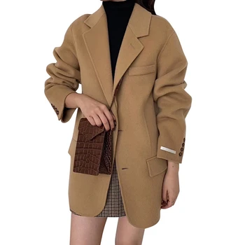 Nové 2021 Podzim Zimní Dámské Vlněné Kabáty, 100% Kašmír Ženské Kabáty Dlouhý Rukáv Dvojí Breasted Módní Lady Dlouho Svrchní oblečení