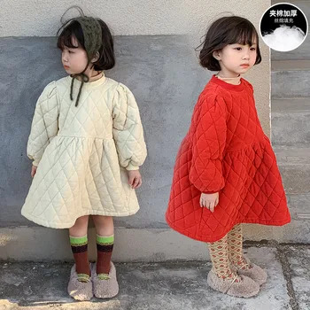 Korejský styl zimní dívky manšestr teplé prošívané princezna šaty 3 barvy plaid zahustit all-zápas šaty