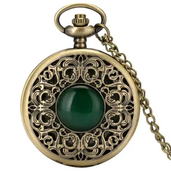 Nádherné Smaragdově zelený Kámen Bronzové Případu Quartz Kapesní Hodinky Jednoduchý Bílý Ciferník Řetězce Hodiny Náhrdelník Přívěsek Hodinky pro Muže, Ženy